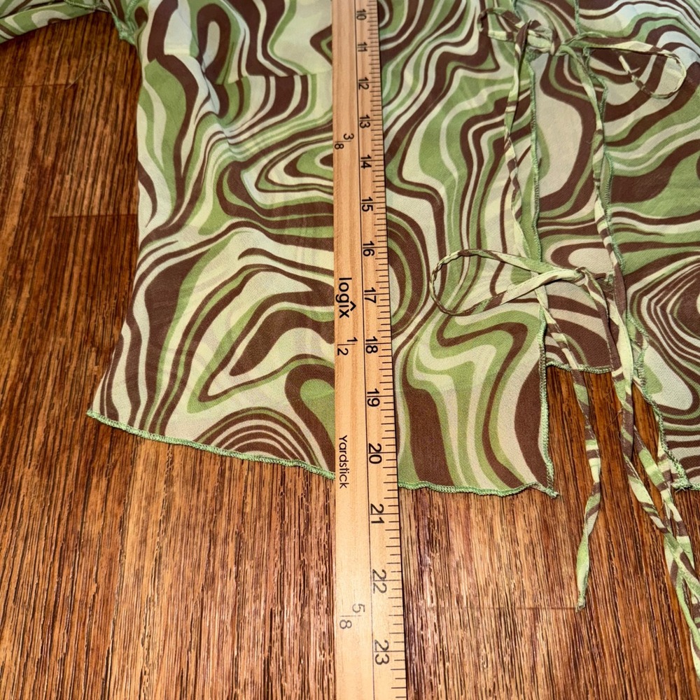 H&M Crop Top Blouse Long Sleeve Tie Front Green Brown Swirl Mesh L Forest Fairy - Picture 7 of 8